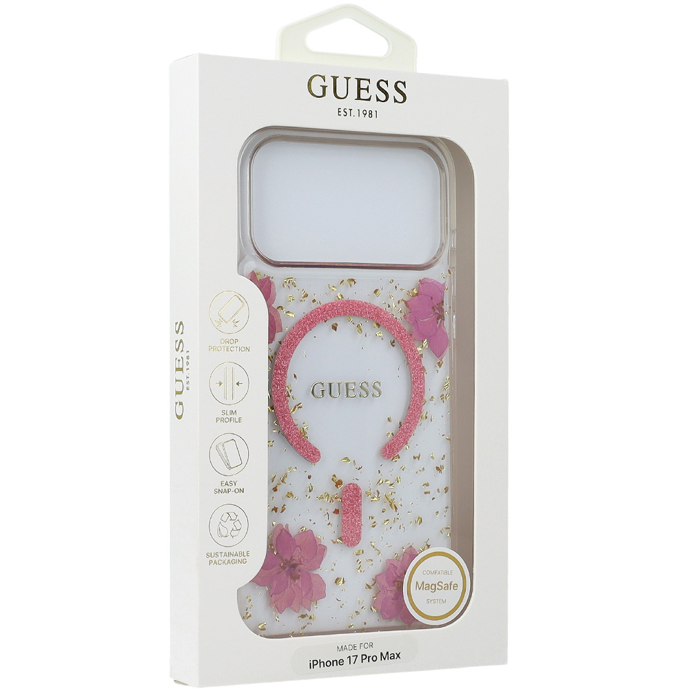 Etui Guess Resin Flowers Glitter MagSafe do iPhone 17 Pro Max, różowe z kwiecistym wzorem